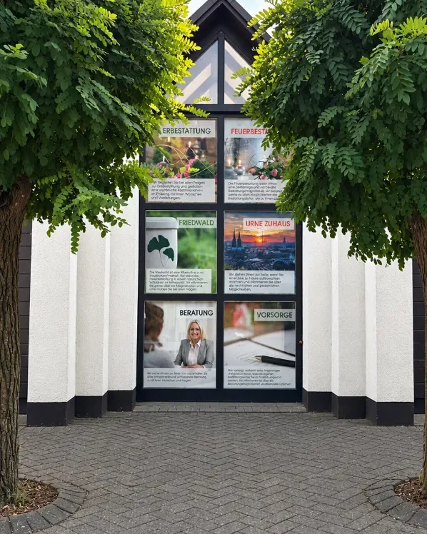 Bestattungshaus Decker in Köln-Worringen: weiße Fassade mit Schaufenster und Informationstafeln zwischen zwei Bäumen