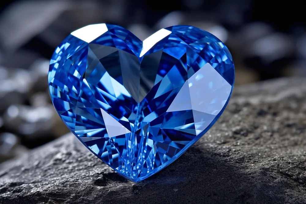 Blauer, herzförmig geschliffener Diamant auf dunklem Stein